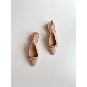 ZARA Tan Beige Leather Pearl Trim Pointed Toe Slingback Ballet Flats, Size 37